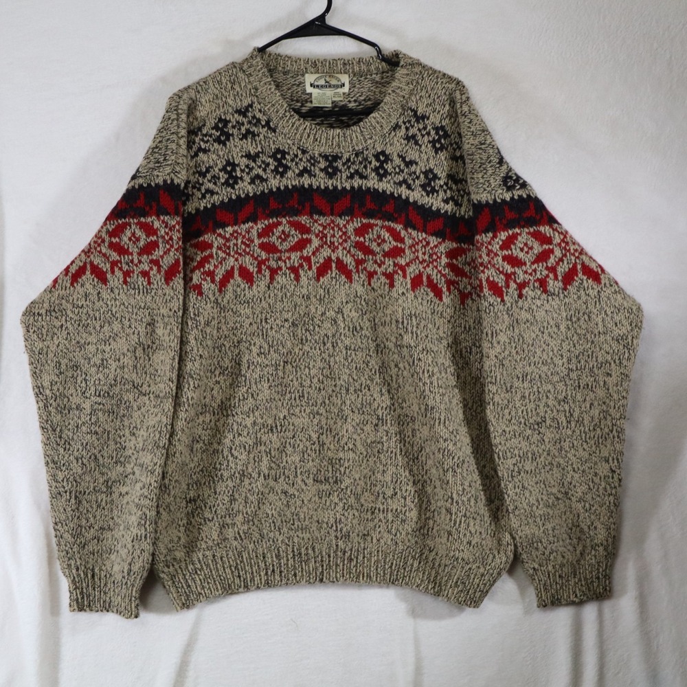 Vtg Eddie Bauer Legends Men's XL 100% Wool Sweater Beige Nordic Fair Isle Knit
